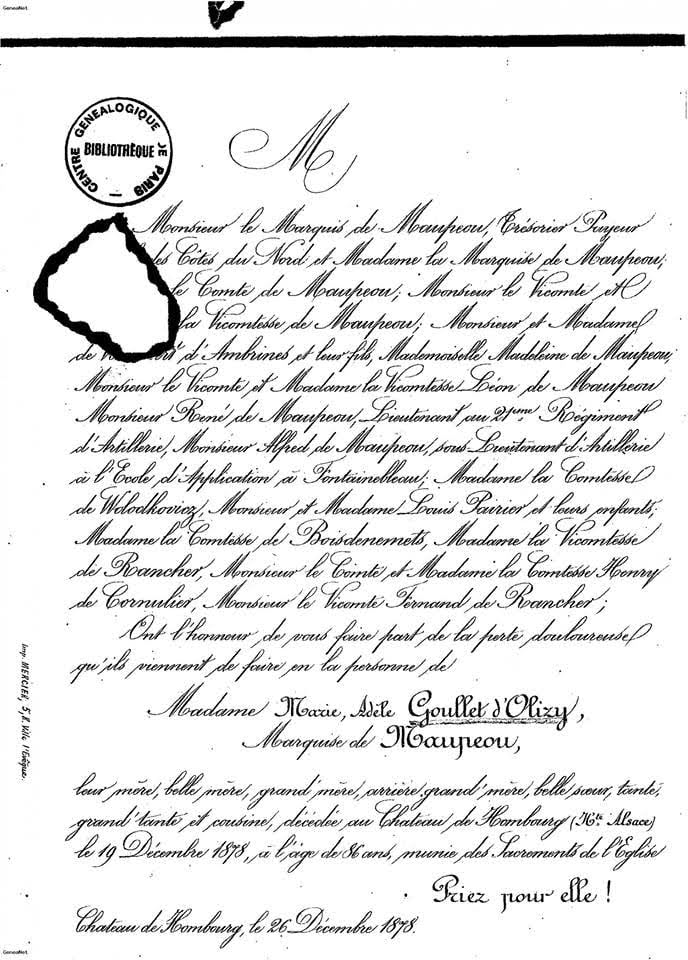 note de décès de Madame Marie Adèle Goullet D'Olisy, Marquise de Maupeou